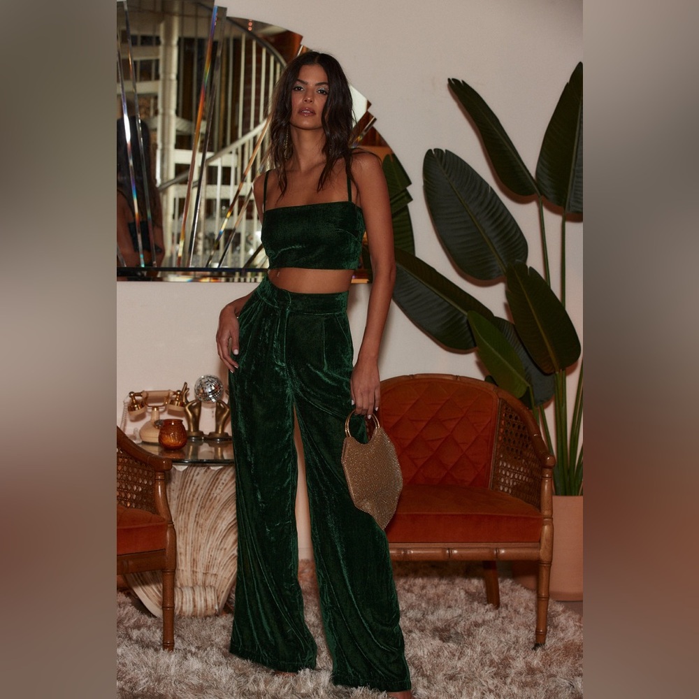 12th Tribe Rhea Emerald Velvet Crop Top & Trouser Set Medium NWT